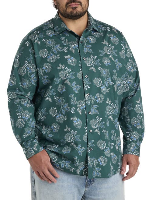 Synrgy By Dxl Big & Tall Rolled-sleeve Floral Print Sport Shirt In Green