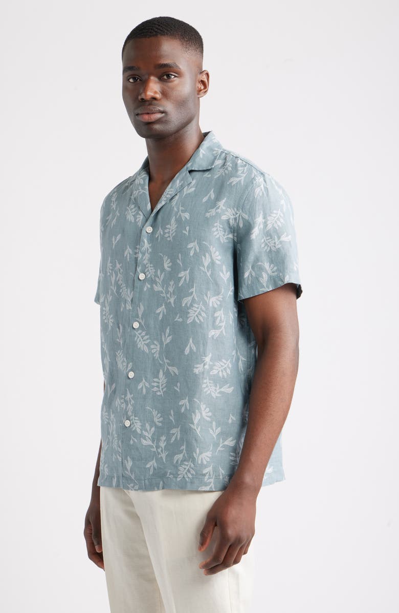 Nordstrom Bontanical Print Linen Camp Shirt, Alternate, color, Blue Spruce Stamped Leaves