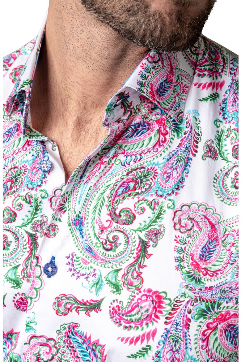 Galileo Paisley Print Short Sleeve Cotton Button-Up Shirt, Alternate, color, WHITE