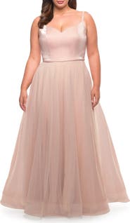 La Femme Long Plus Size Gown with Tulle Skirt and Satin Top