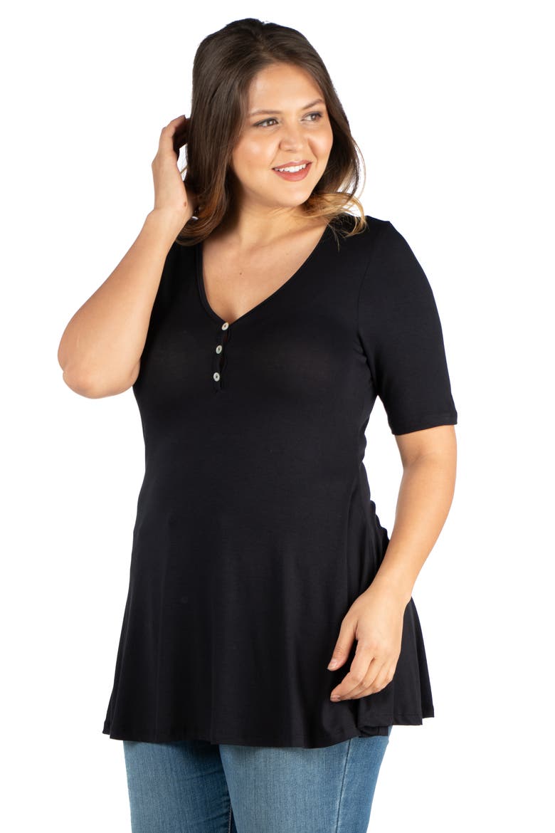 Plus Size Elbow Sleeve Henley  Tunic Top, Alternate, color, Black