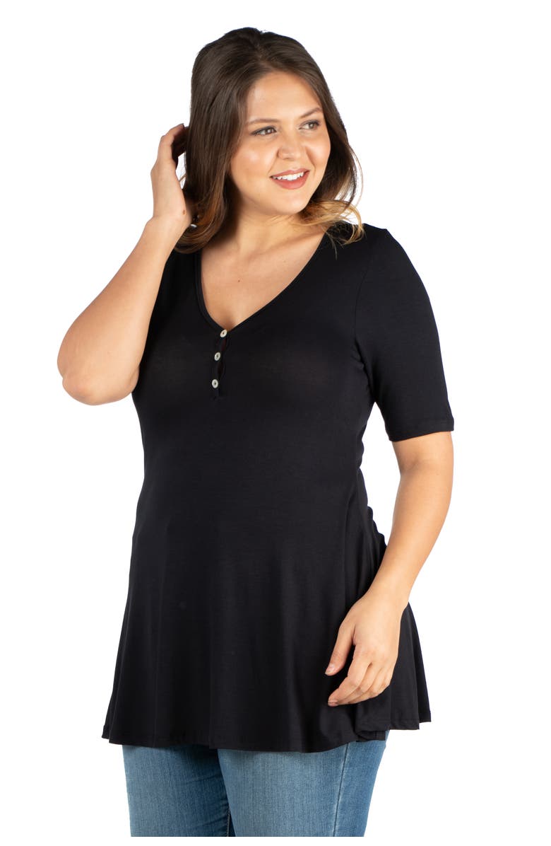 24seven Comfort Apparel Plus Size Elbow Sleeve Henley Tunic Top, Alternate, color, Black