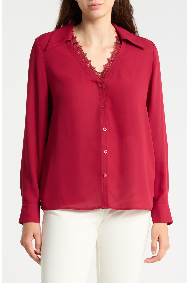 V-Neck Lace Trim Button-Up Shirt, Main, color, RED WINE