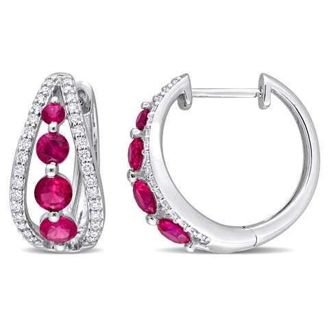Lab-Created Ruby & Diamond Hoop Earrings 14k