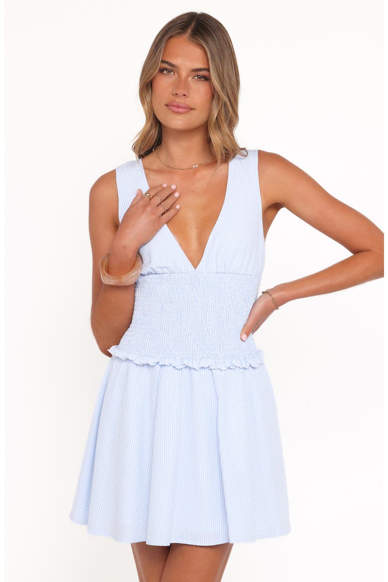 Marline Stripe Smocked Waist Plunge Neck Minidress, Alternate, color, BLUE STRIPE