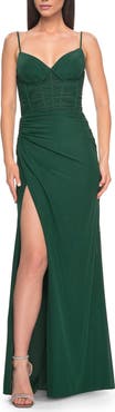 La Femme Net Jersey Fitted Dress with Ruched Bustier Top