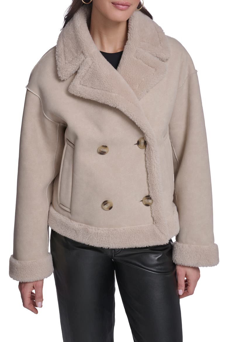 Faux Leather & Faux Shearling Double Breasted Coat, Main, color, CREAM