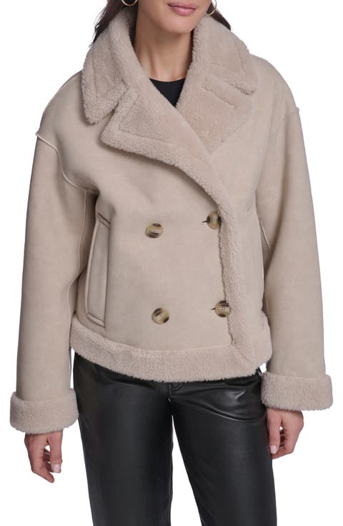Faux Leather & Faux Shearling Double Breasted Coat