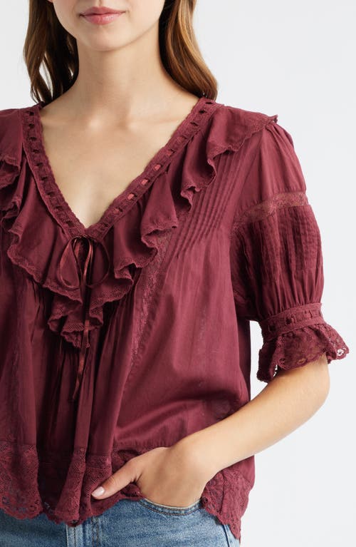 Loveshackfancy Romilly Ruffle & Lace Top In Burgundy