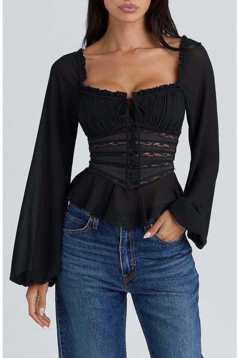 Cara Long Sleeve Georgette Top, Main, color, BLACK