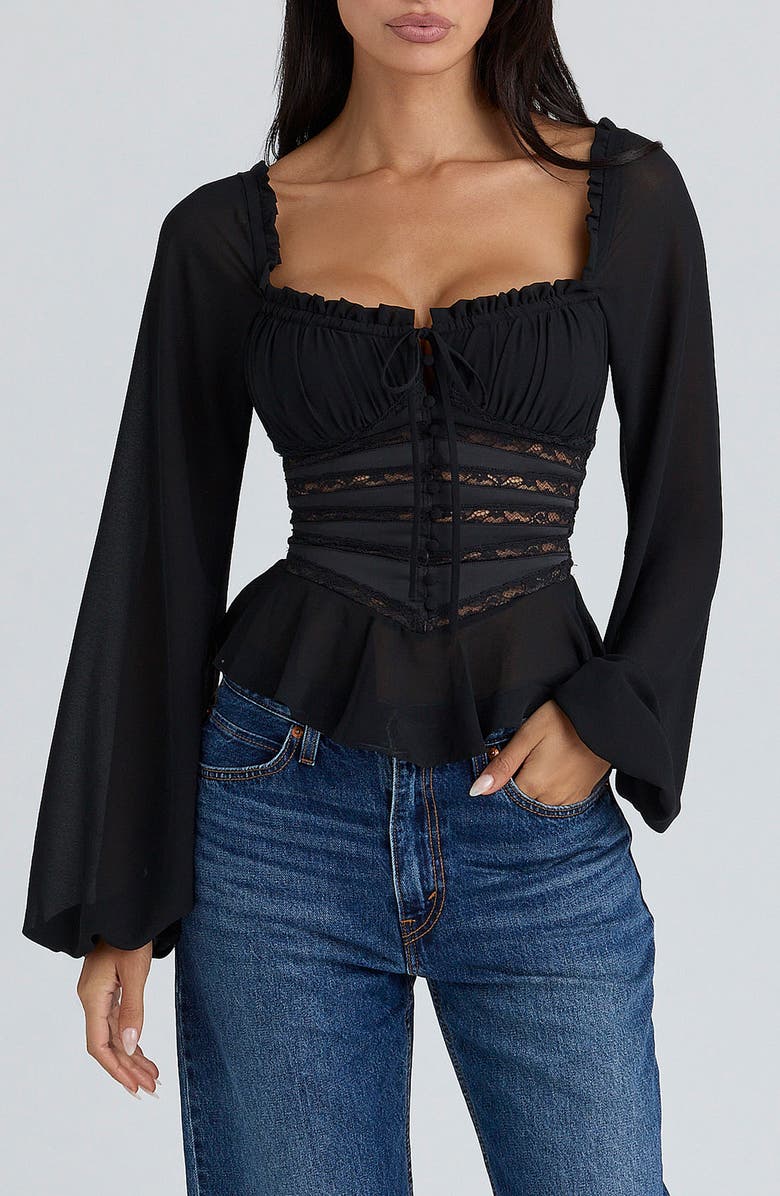 HOUSE OF CB Cara Long Sleeve Georgette Top, Main, color, Black