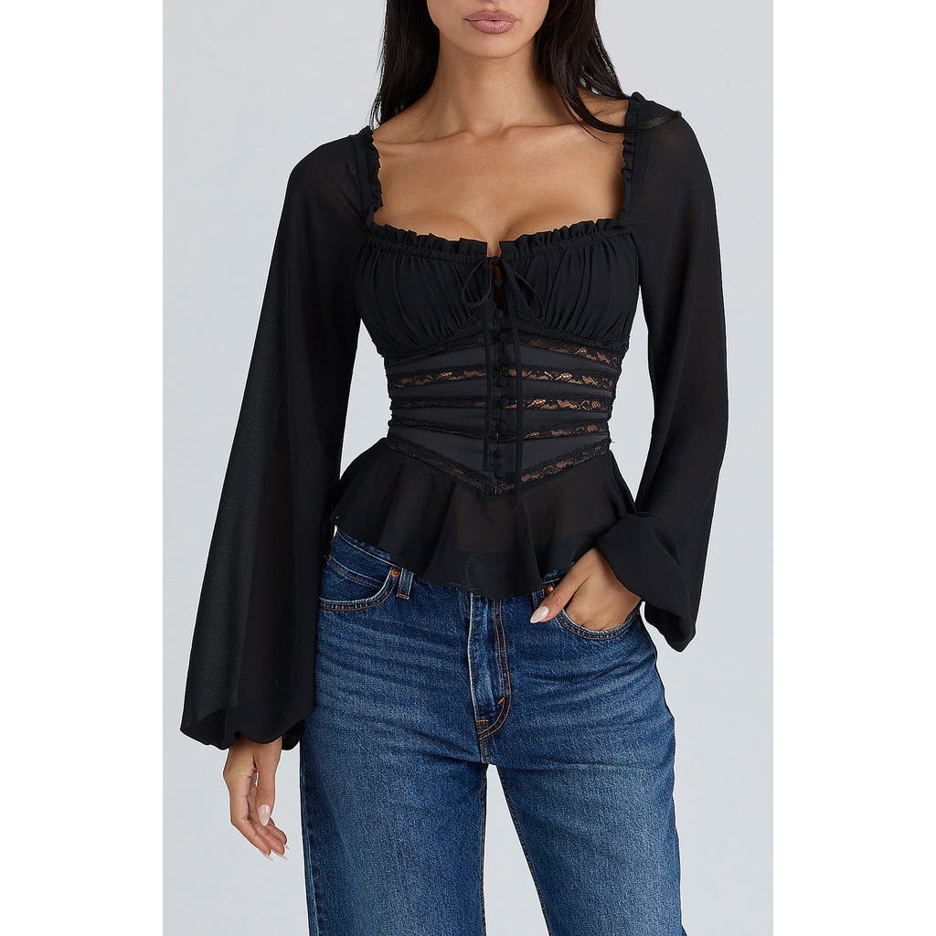 HOUSE OF CB Cara Long Sleeve Georgette Top in Black at Nordstrom, Size Small