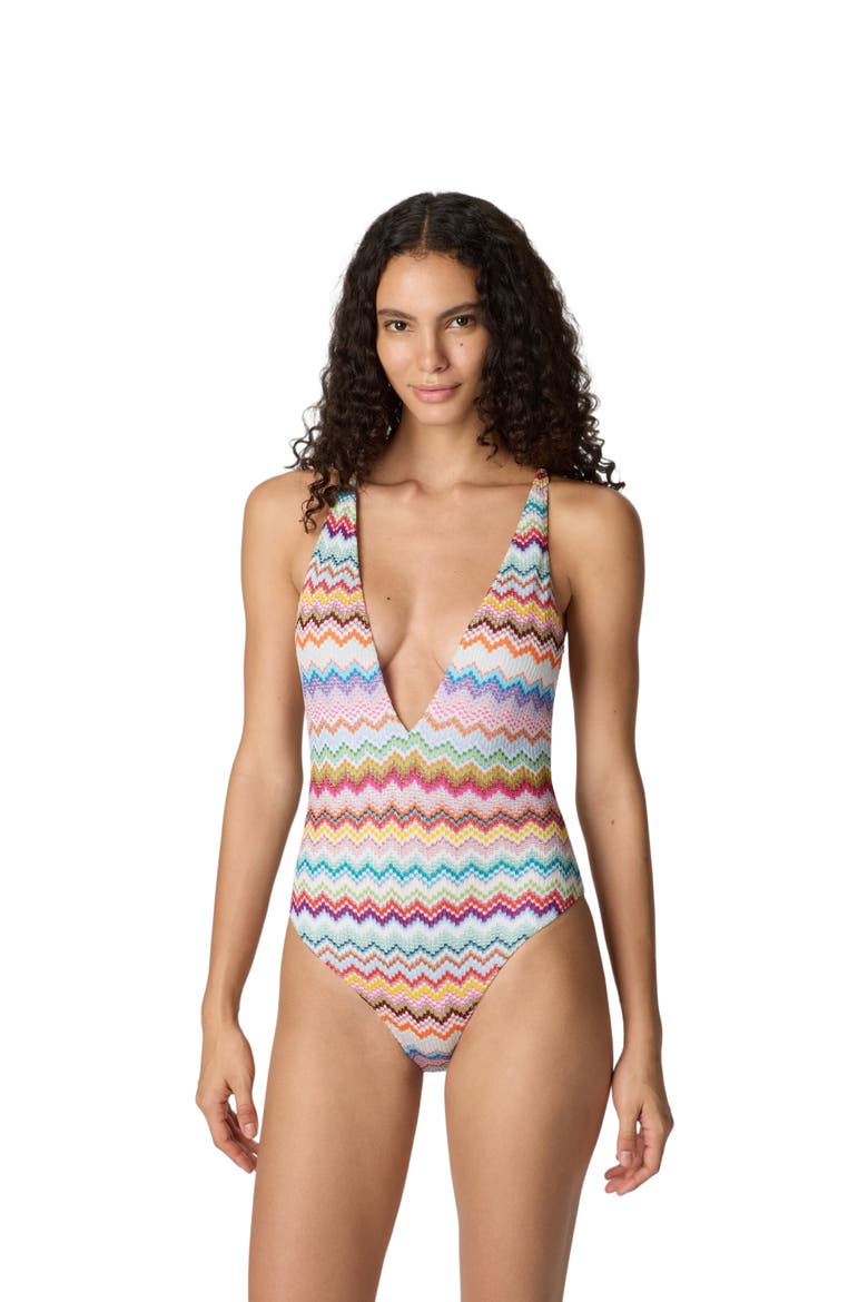 One-piece Swimsuit In Lamé Viscose With Pixel-effect Zigzag Pattern And V-neckline, Main, color, Multicoloured
