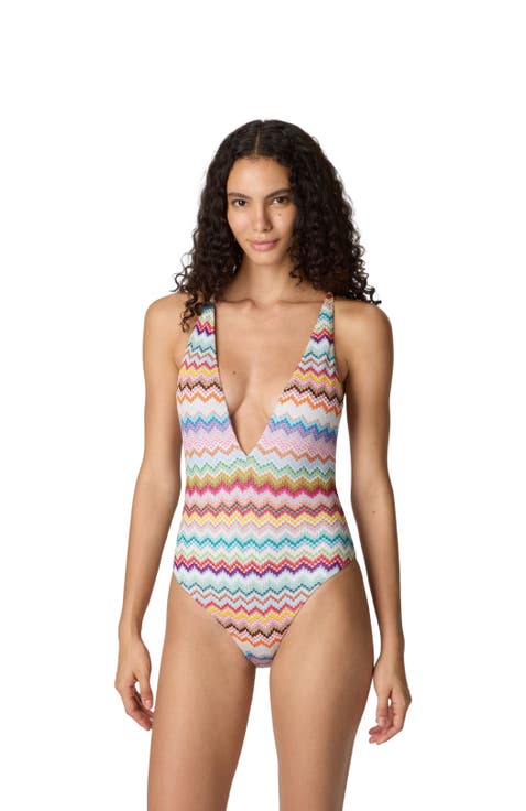 One-piece Swimsuit In Lamé Viscose With Pixel-effect Zigzag Pattern And V-neckline