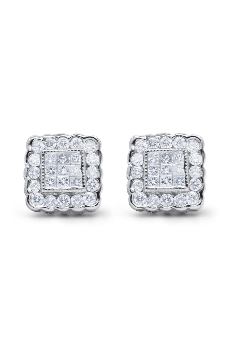 14K White Gold 1.0 Cttw Diamond Scallop-Edge Framed Square Halo Stud Earrings, Alternate, color, White
