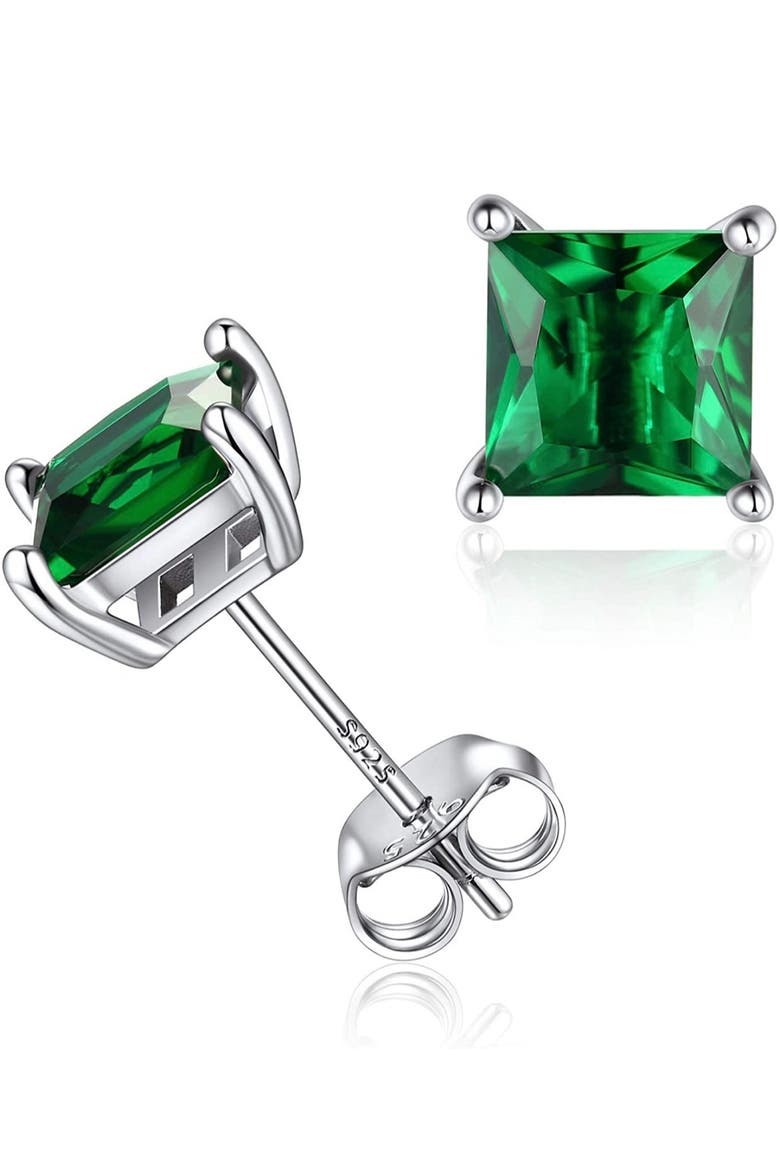 Sterling Silver Green Square Studs, Main, color, Silver