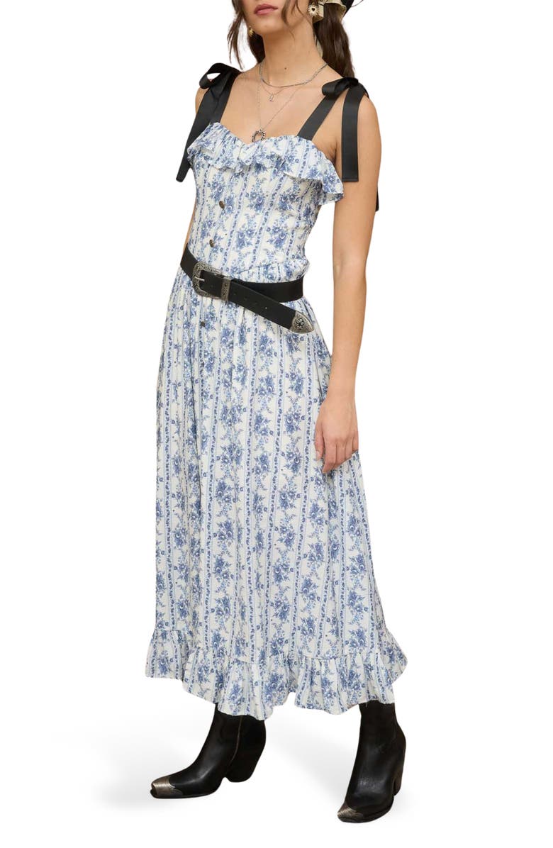 Blu Pepper Tie Strap Ruffle Midi Dress, Alternate, color, Blue Multi