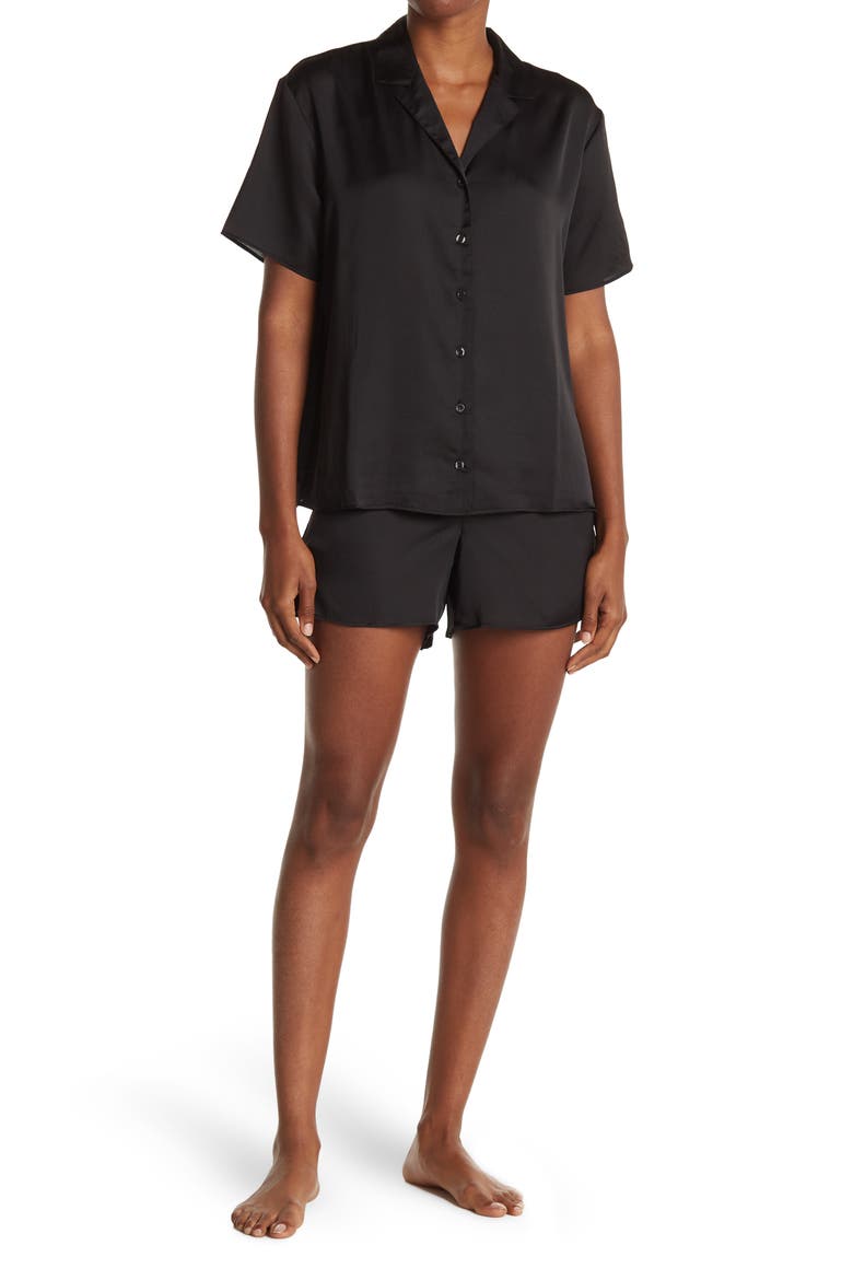 Satin Short Sleeve Shortie Set, Main, color, BLACK