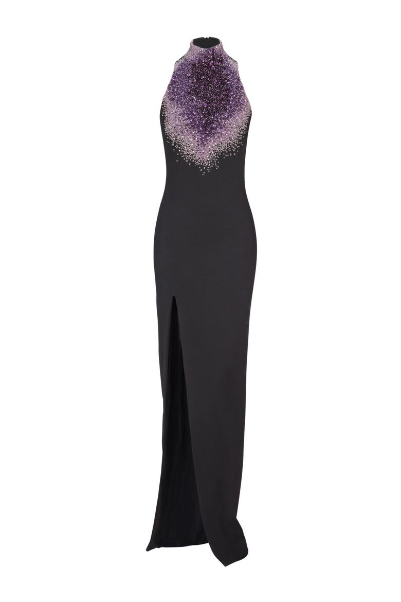 Milano jersey halterneck dress with "Amethyst" embroidery, Alternate, color, black