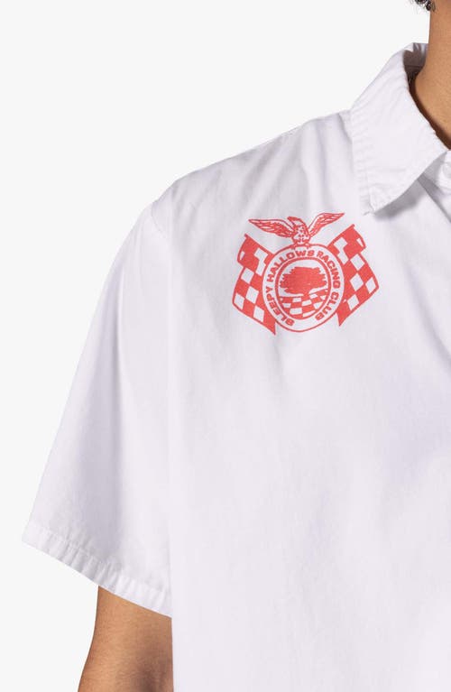 Mnml Shrc Pit Crew Fray Hem Crop Button-up Shirt In White