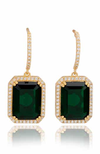 Emerald Cut Cubic Zirconia Halo Drop Earrings