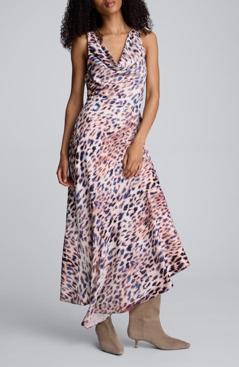 Abstract Animal Print Cowl Neck Asymmetric Dress