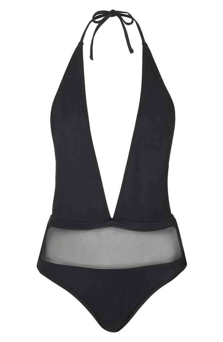 Topshop Plunging Halter Swimsuit with Sheer Mesh Panel, Alternate, color, 