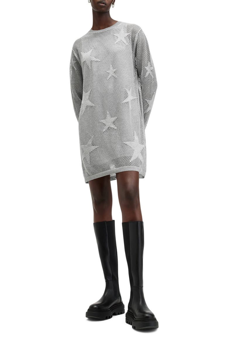 Seraph Star Long Sleeve Mesh Minidress, Main, color, SILVER BIRCH GREY