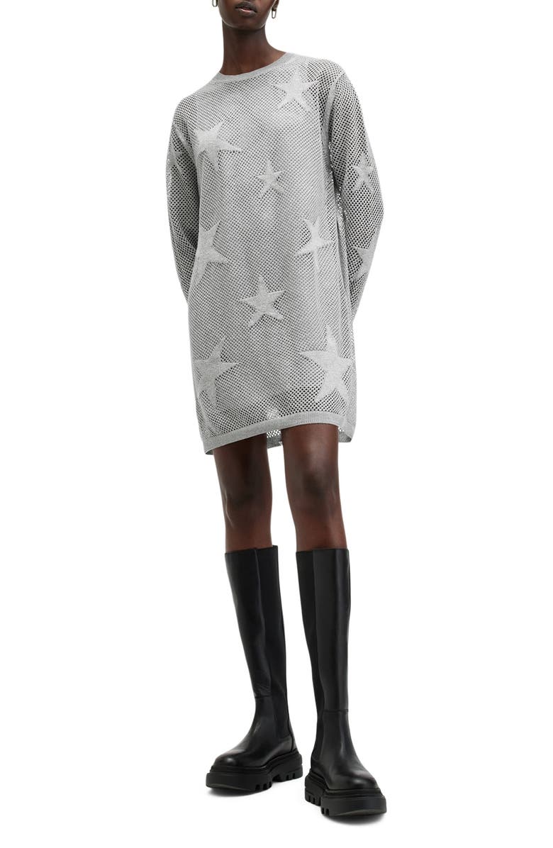 AllSaints Seraph Star Long Sleeve Mesh Minidress, Main, color, Silver Birch Grey