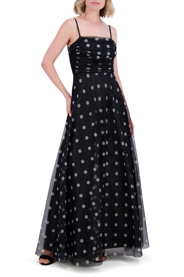 Polka Dot Ruched Chiffon Gown, Main, color, BLACK