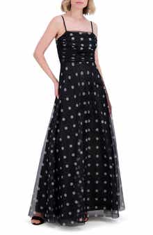 Eliza J Polka Dot Ruched Chiffon Gown