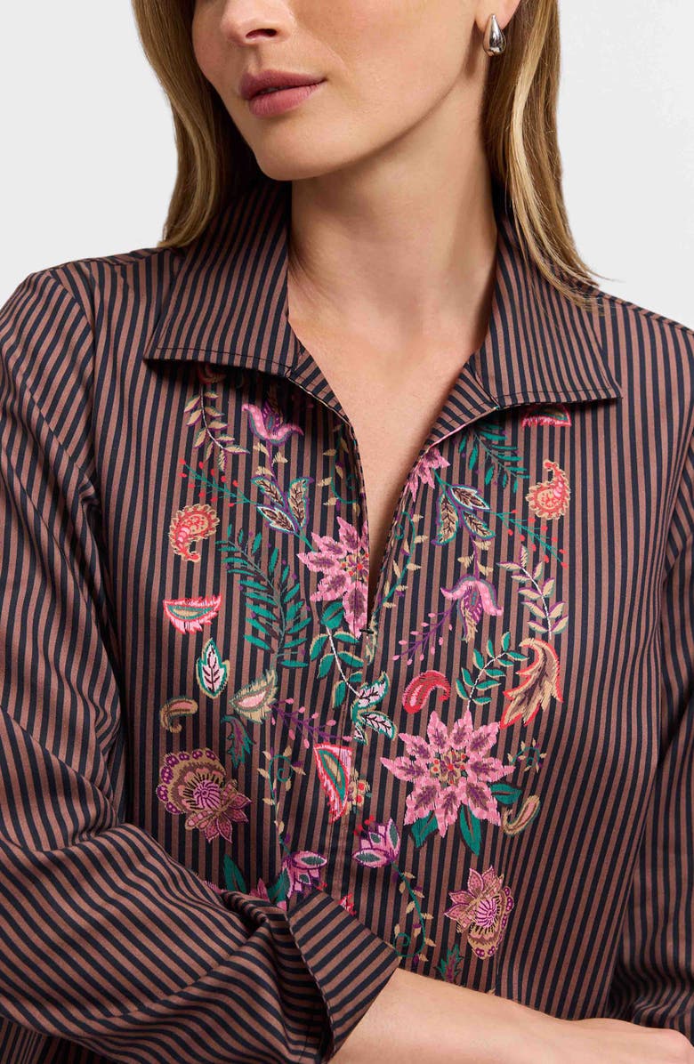 Foxcroft Agnes Floral Stripe Cotton Poplin Popover Top, Alternate, color, Brown Multi