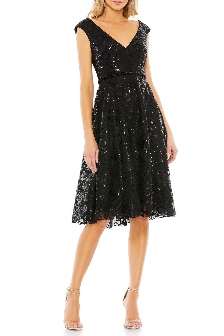 Sequin V-Neck Fit & Flare Tulle Cocktail Dress, Main, color, BLACK