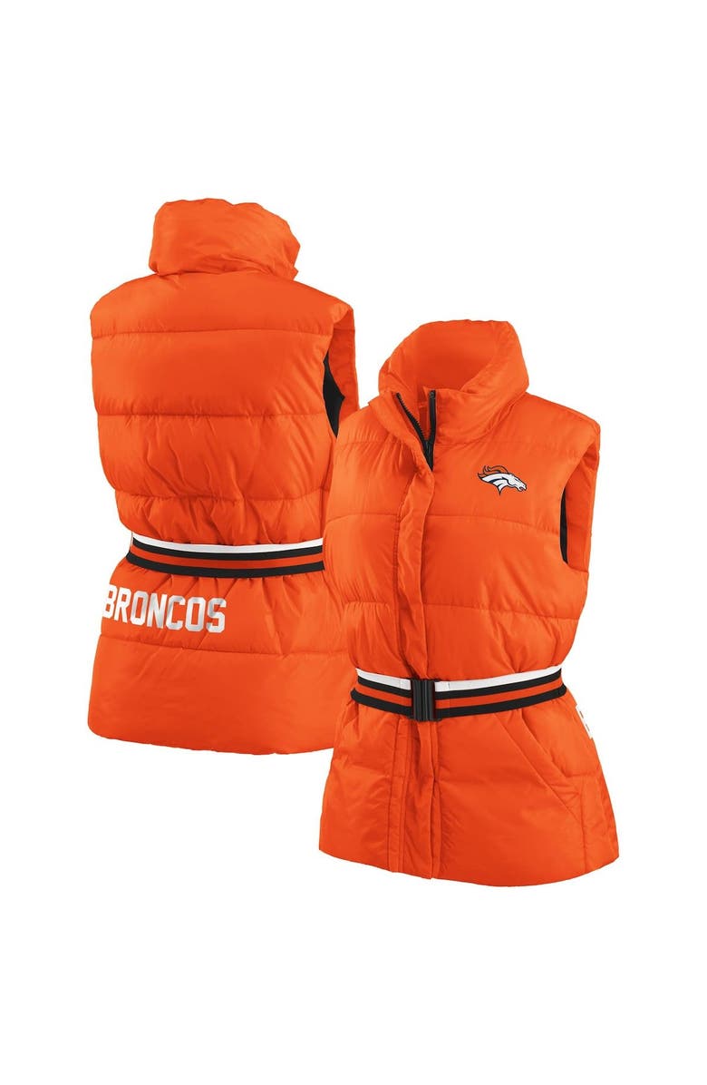 WEAR by Erin Andrews Women's WEAR by Erin Andrews Orange Denver Broncos Full-Zip Puffer Vest with Belt, Main, color,