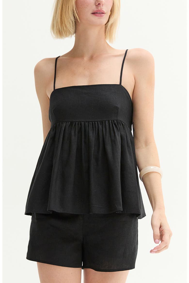 Tie Back Babydoll Linen Blend Top, Main, color, Black