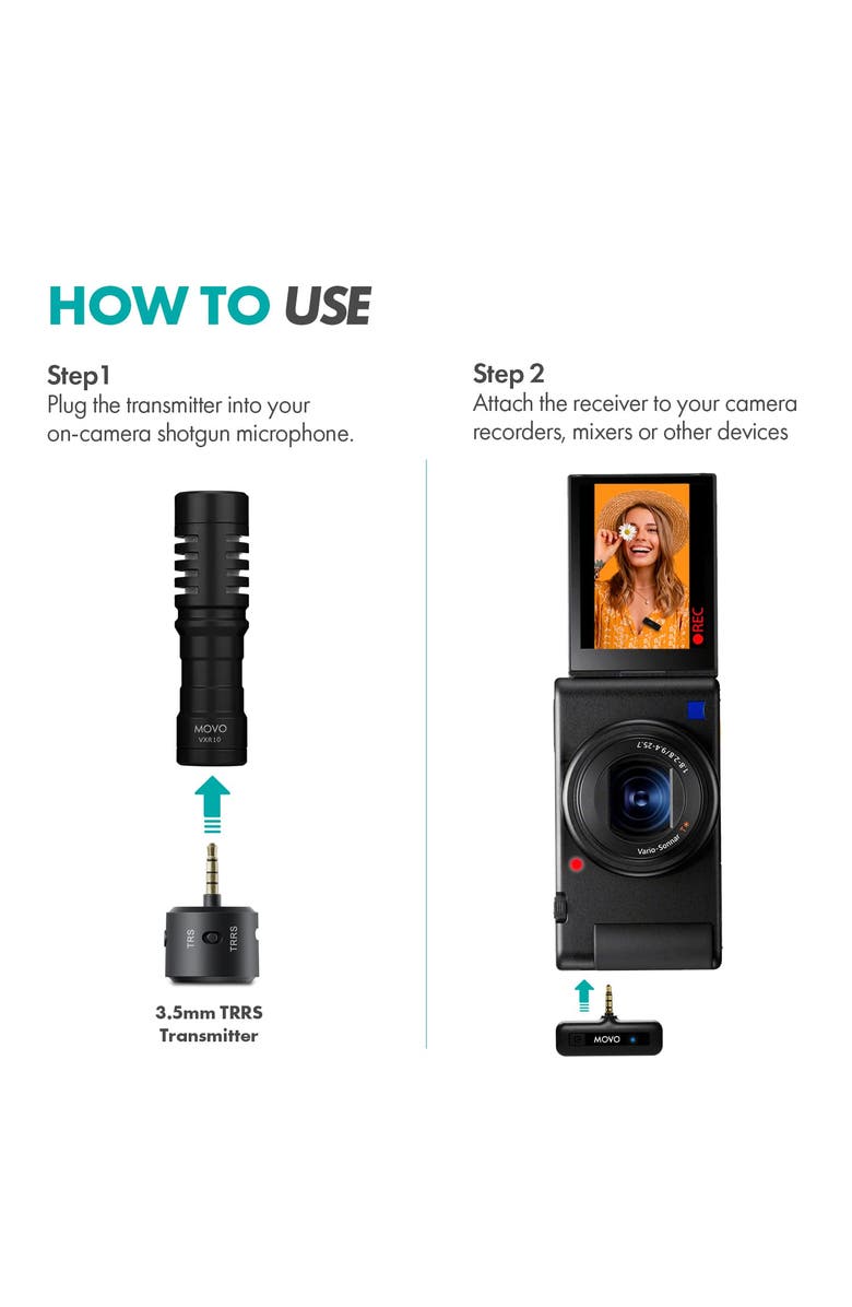 MOVO WM-VXR10 Wireless Shotgun Mic Adapter for Camera/DSLR/3.5mm/TRS - Compatible VXR10, VXR10-PRO, and Rode VideoMicro, Alternate, color, Black