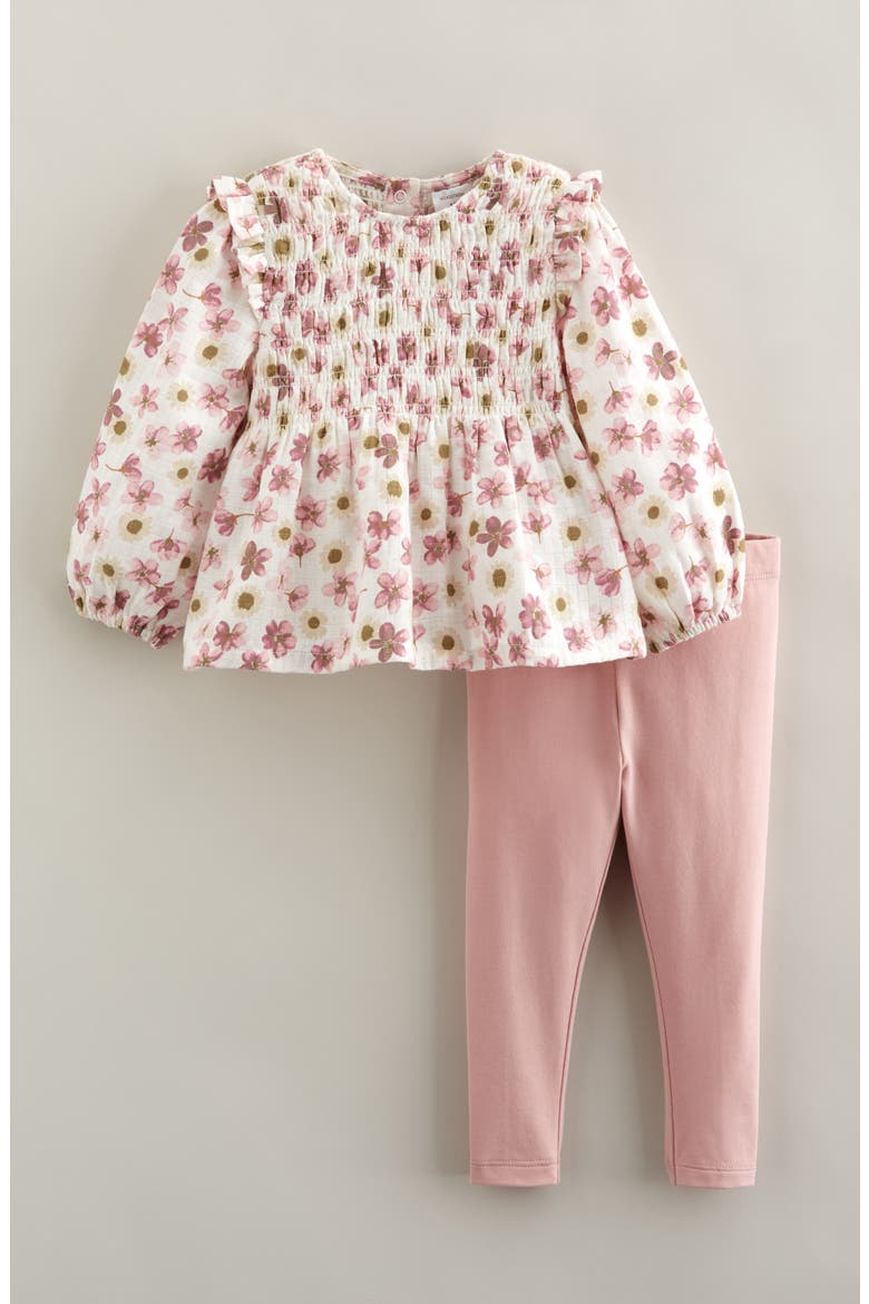 Smocked Long Sleeve Top & Leggings Set, Main, color, PINK- IVORY PRESSES FLOWER
