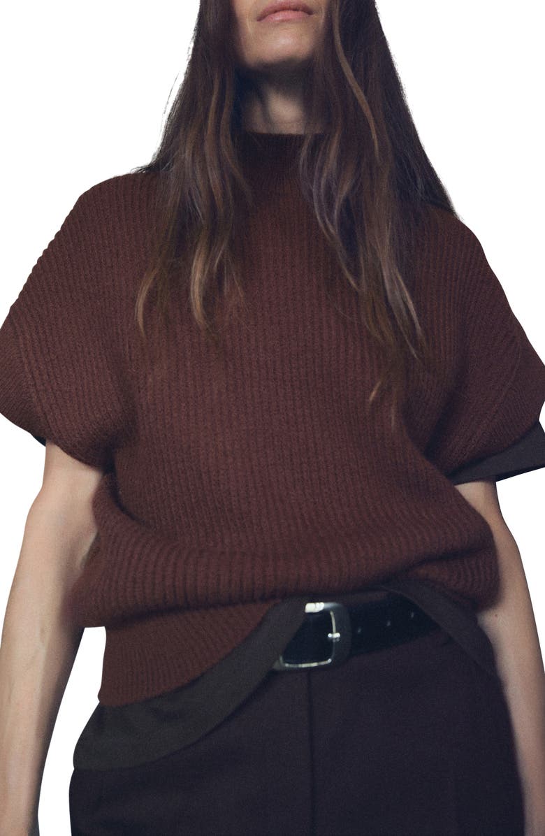 MANGO Perkins Short Sleeve Sweater, Main, color, Brown