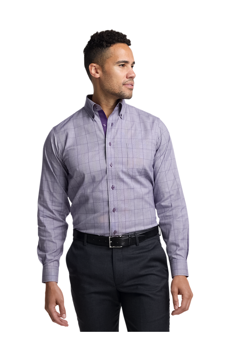 Paul Fredrick Tailored Fit Comfort Stretch Non-iron Glen Plaid Dress Shirt With Contrast Trim, Alternate, color, Purple