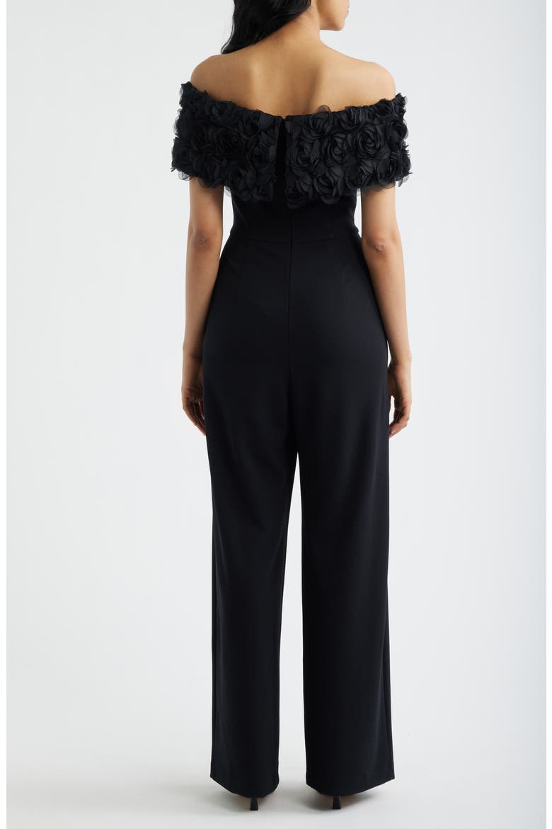 Rosette Off the Shoulder Wide Leg Jumpsuit, Alternate, color, BLACK
