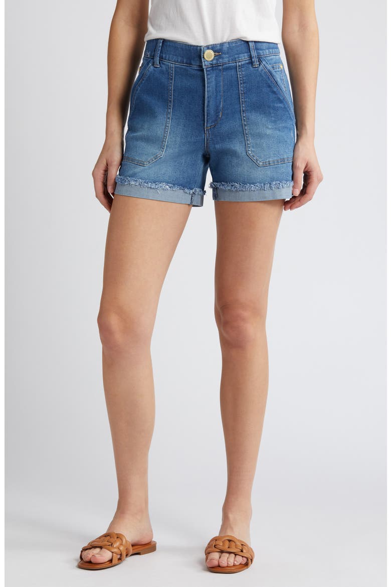 'Ab'Solution Patch Pocket High Waist Denim Shorts, Main, color, MID BLUE V