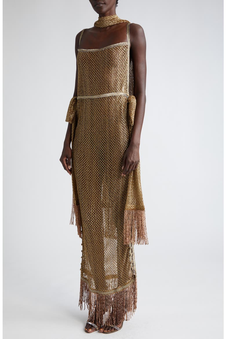 Beaded Fringe Sheer Lamé Lace Maxi Dress, Alternate, color, GOLD