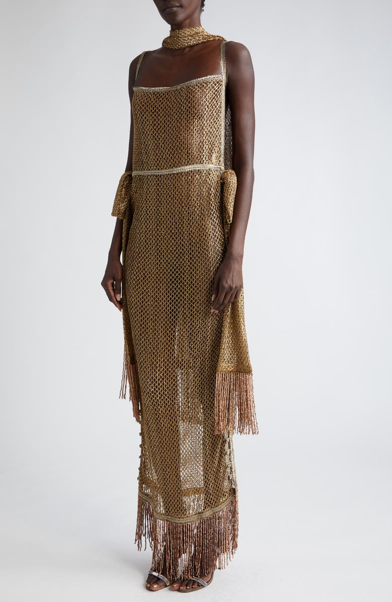 Bode Beaded Fringe Sheer Lamé Lace Maxi Dress, Alternate, color, 