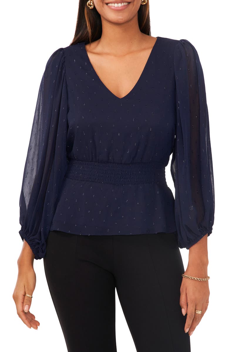 Chaus Smock Waist Peplum Metallic Clip Dot Blouse, Main, color, Navy