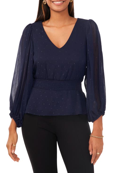 Smock Waist Peplum Metallic Clip Dot Blouse