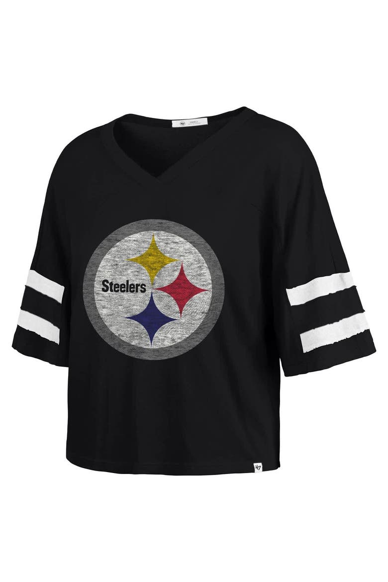Women's '47 Black Pittsburgh Steelers Premier Scout Cropped V-Neck T-Shirt, Alternate, color, Black