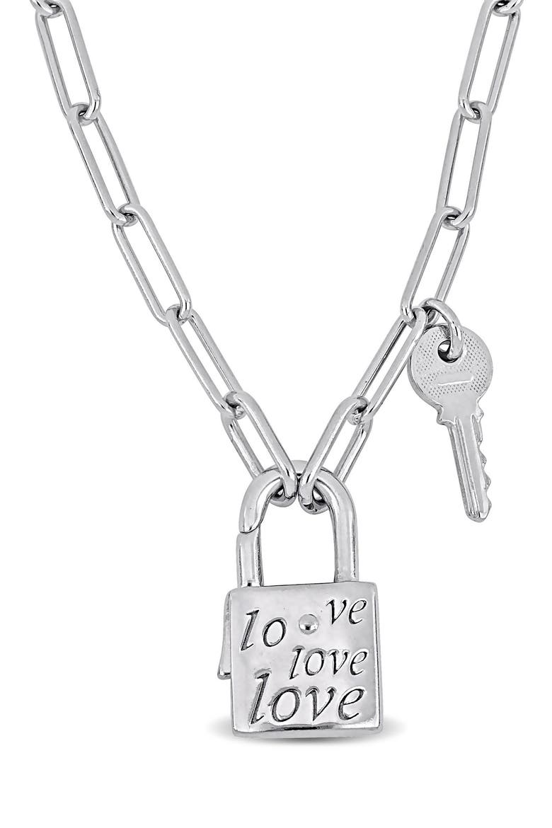 Lock & Key Paperclip Link Necklace, Main, color, SILVER