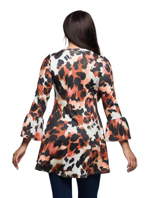 24seven Comfort Apparel Scoop Neck Bell Sleeve Tunic Top Animal Print In White