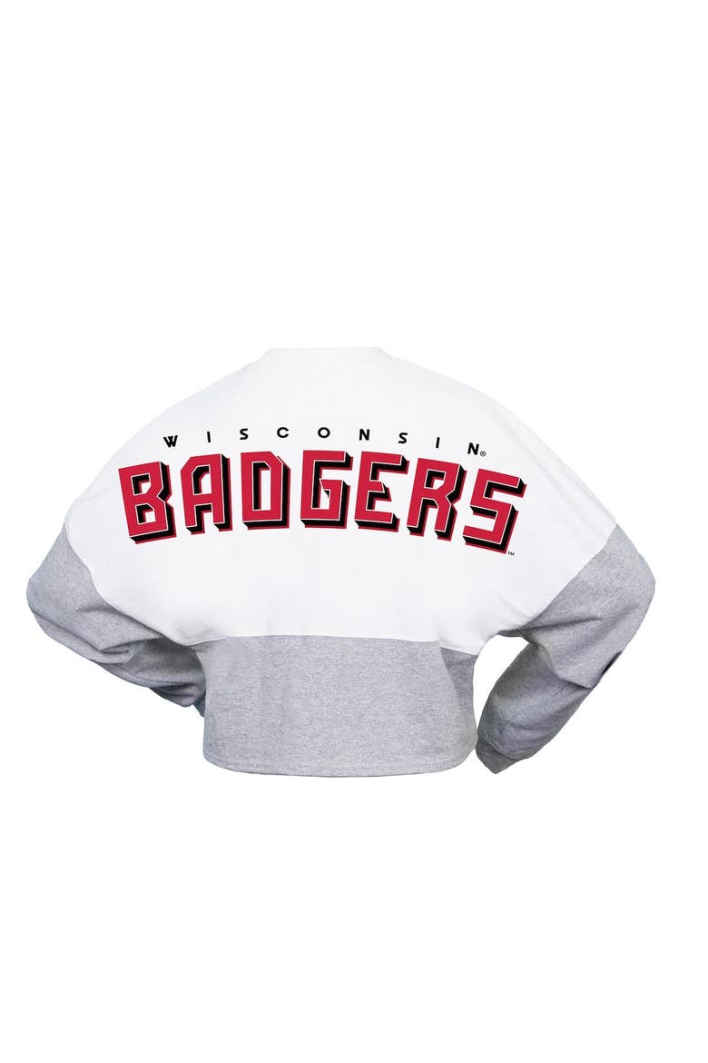 Women's Spirit Jersey  White Wisconsin Badgers Heather Block Cropped Long Sleeve Jersey T-Shirt, Alternate, color, White