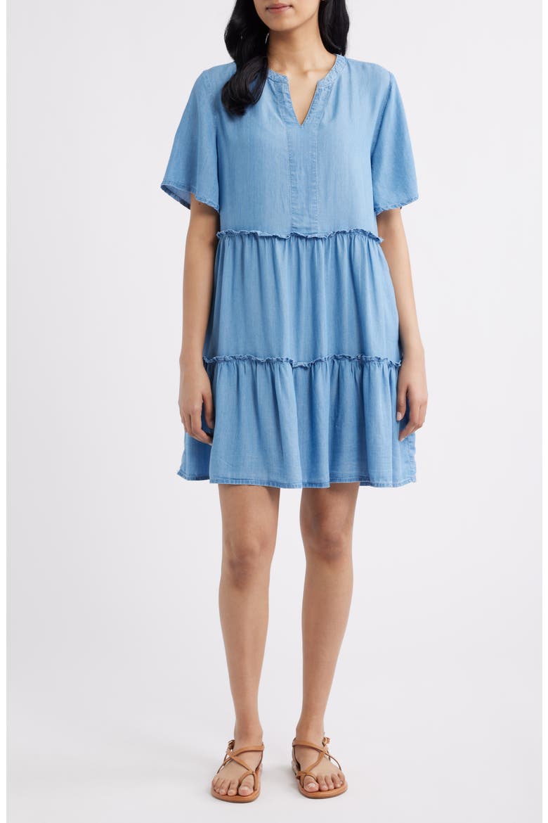 Vale Tiered Cotton Dress, Main, color, LIGHT WASH